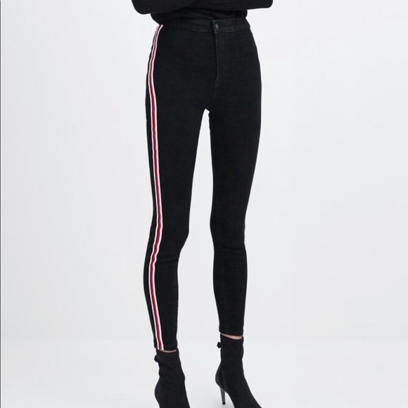 Zara Black High Rise Skinny Jeans with Red/White Side Stripe | Size 6 - Picture 2 of 5